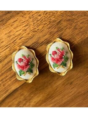 Vintage Petit Point Rose Clip On Earrings Cottagecore Floral